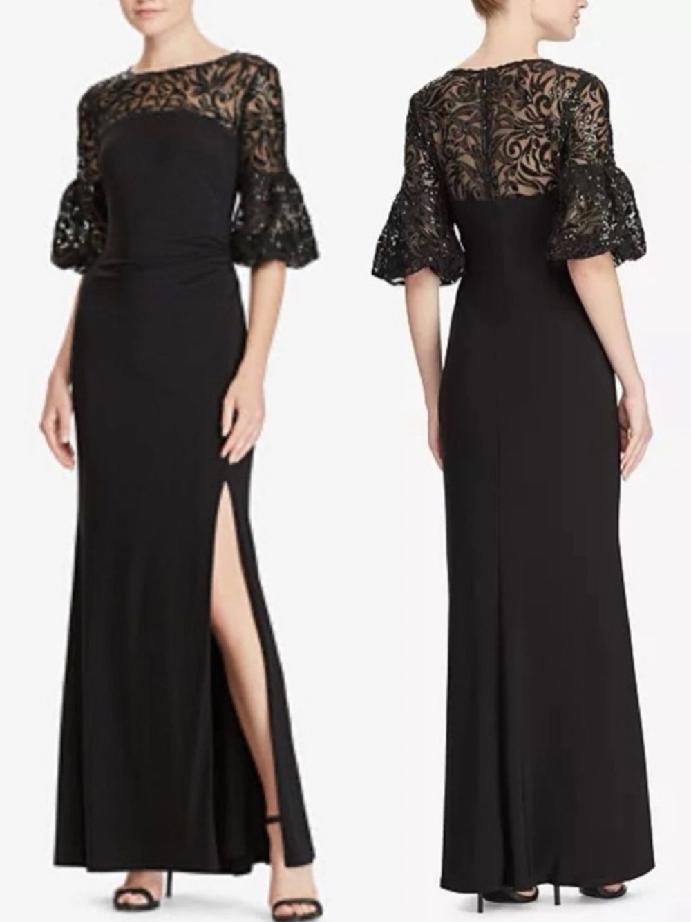 Ralph Lauren Decker Gown Black Sequin Sheer Yoke Floral Dress Sz 4 💚🎀